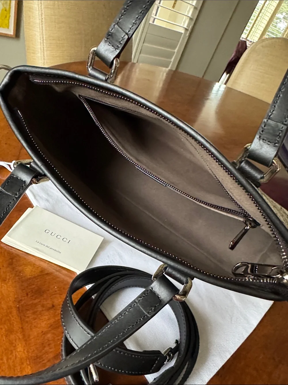 Gucci Beige GG Canvas Satchel with Black Leather Trim